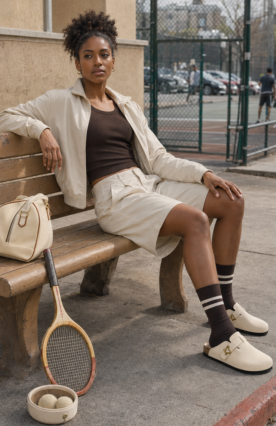 Woman in neutral sportswear and cream textured clogs seated on a weathered tennis-court bench beside a vintage racket, tennis balls and matching handbag, photographed in soft natural daylight