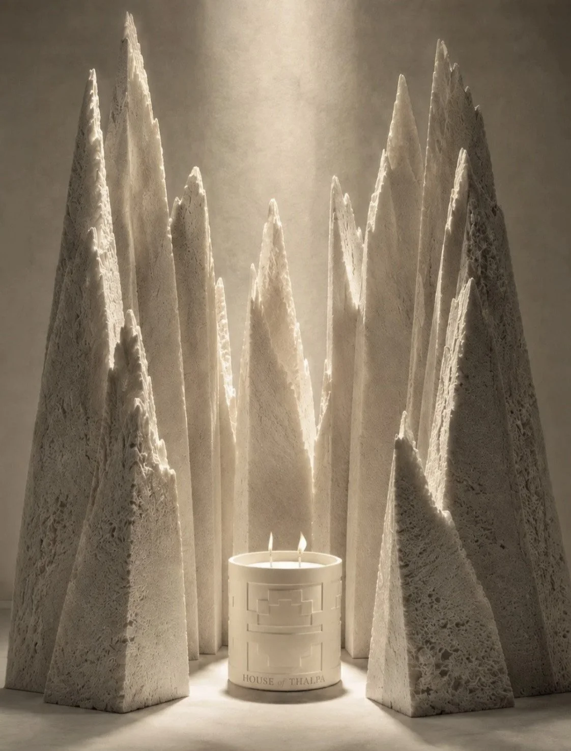 Luxury candle glowing among sculptural stone forms in warm, dramatic light