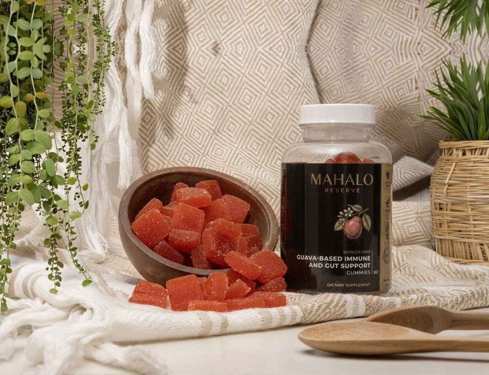 Mahalo Reserve wellness gummies styled with a bowl of gummies in natural light