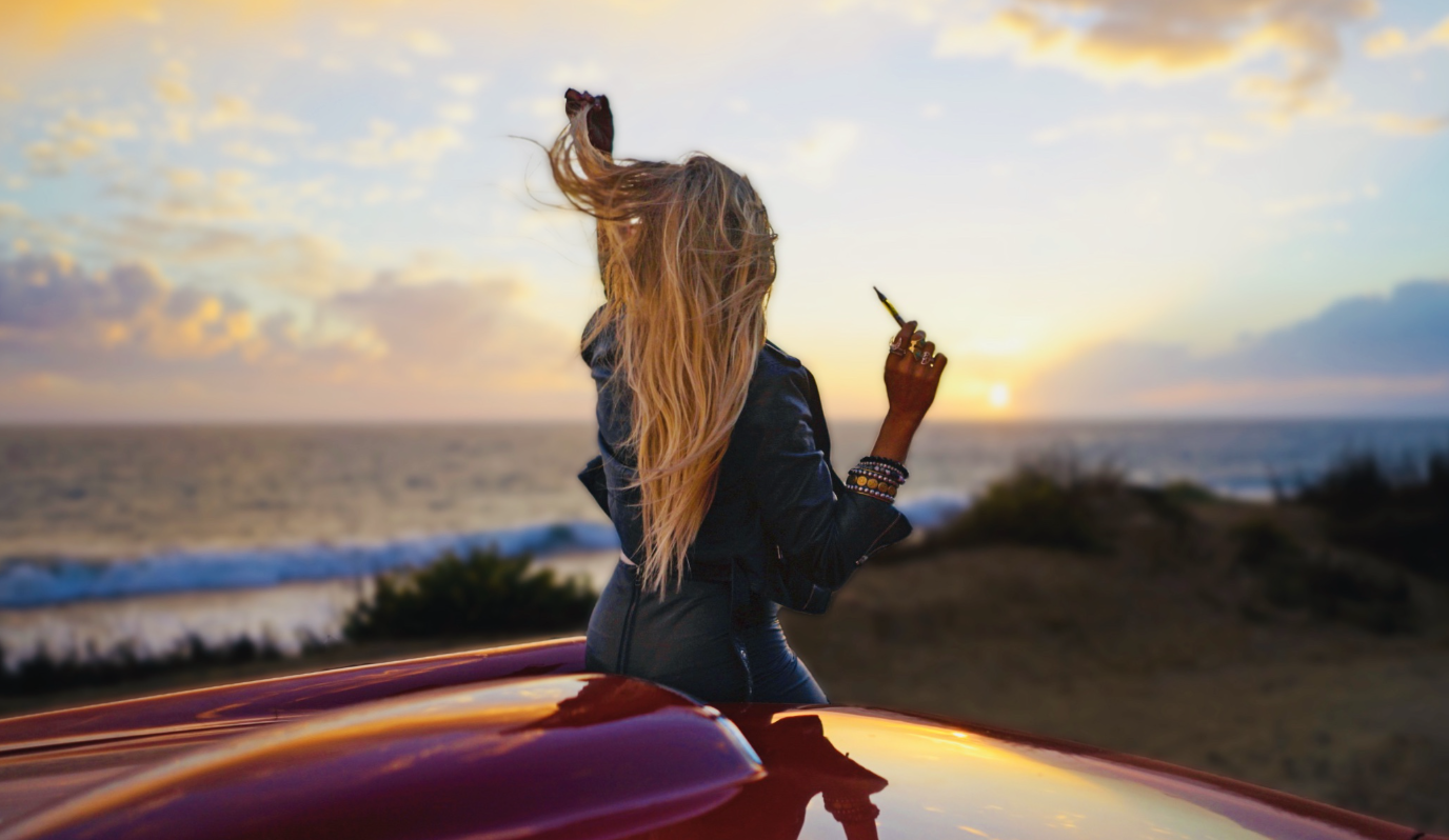 A commercial photography campaign for women's accessories, shot at sunset in Malibu, Los Angeles