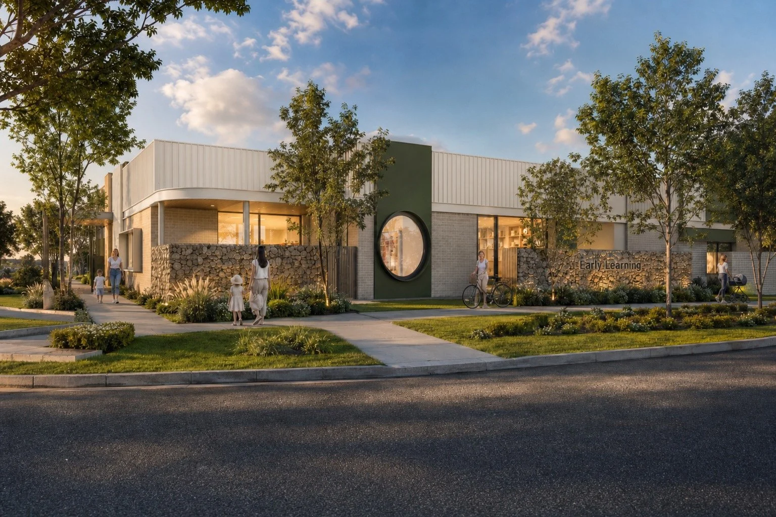 Googong Early Learning Centre â Surf Mist cladding above brickwork