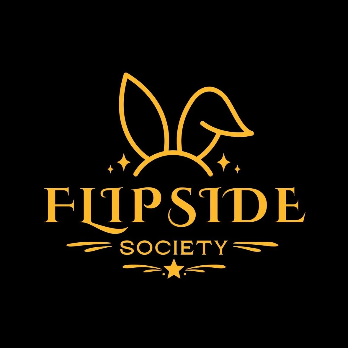 The Flip Side Society logo: gold lettering with bunny ears on black