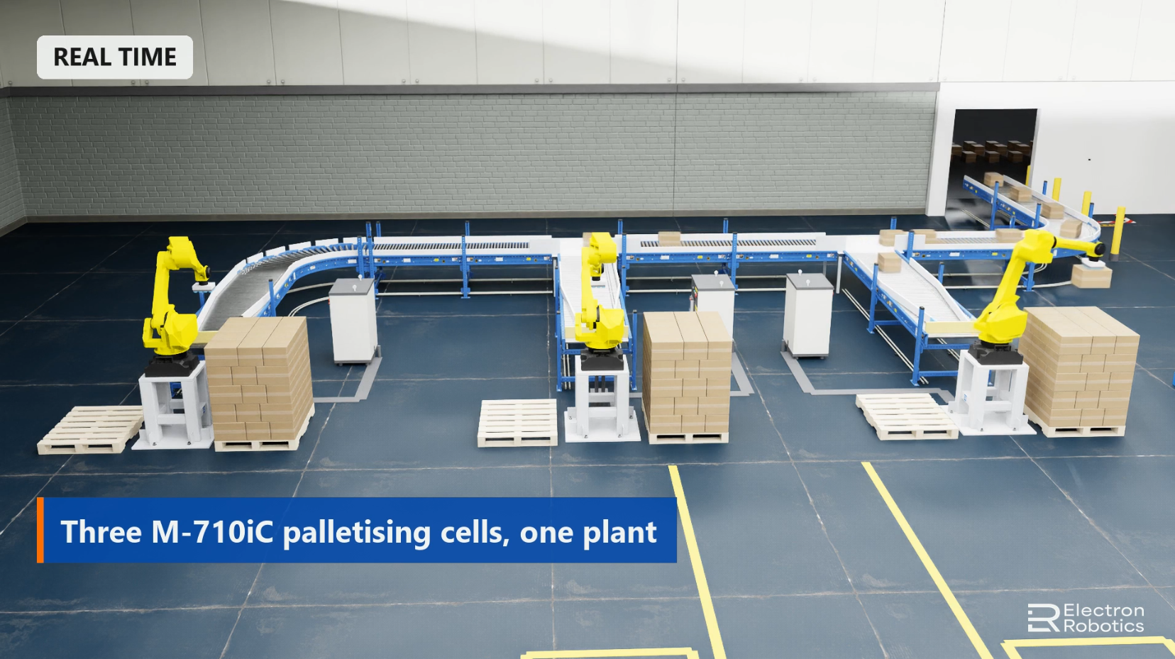 FANUC palletizing line — three cells