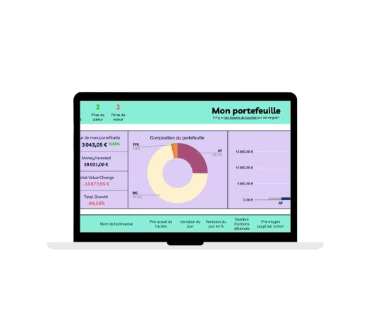 Capture du tableau Excel Plan Cash de suivi de portefeuille boursier, avec son camembert de repartition