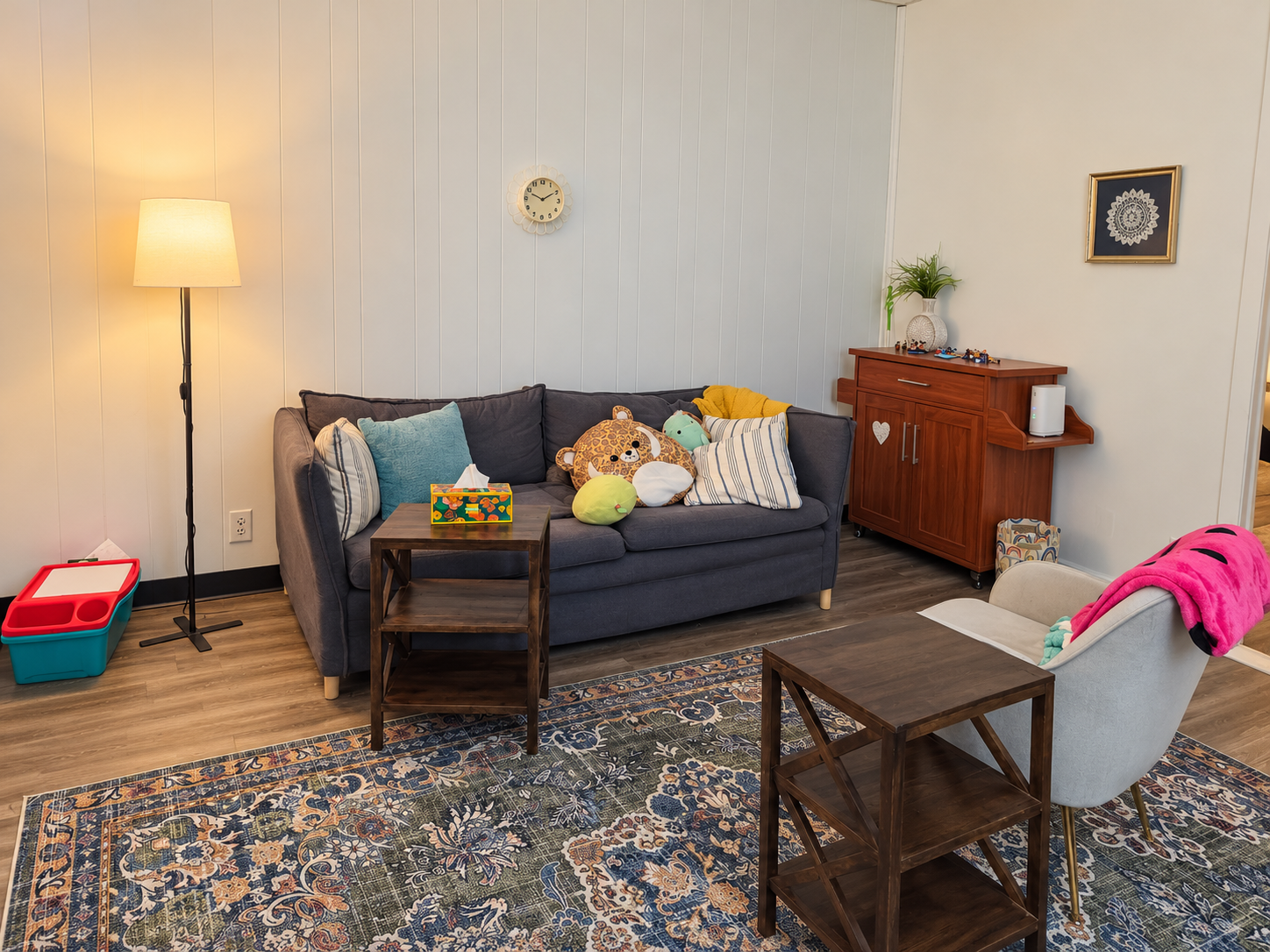 Ypsilanti counseling room with a gray sofa, cushions, soft lamp lighting and a patterned rug