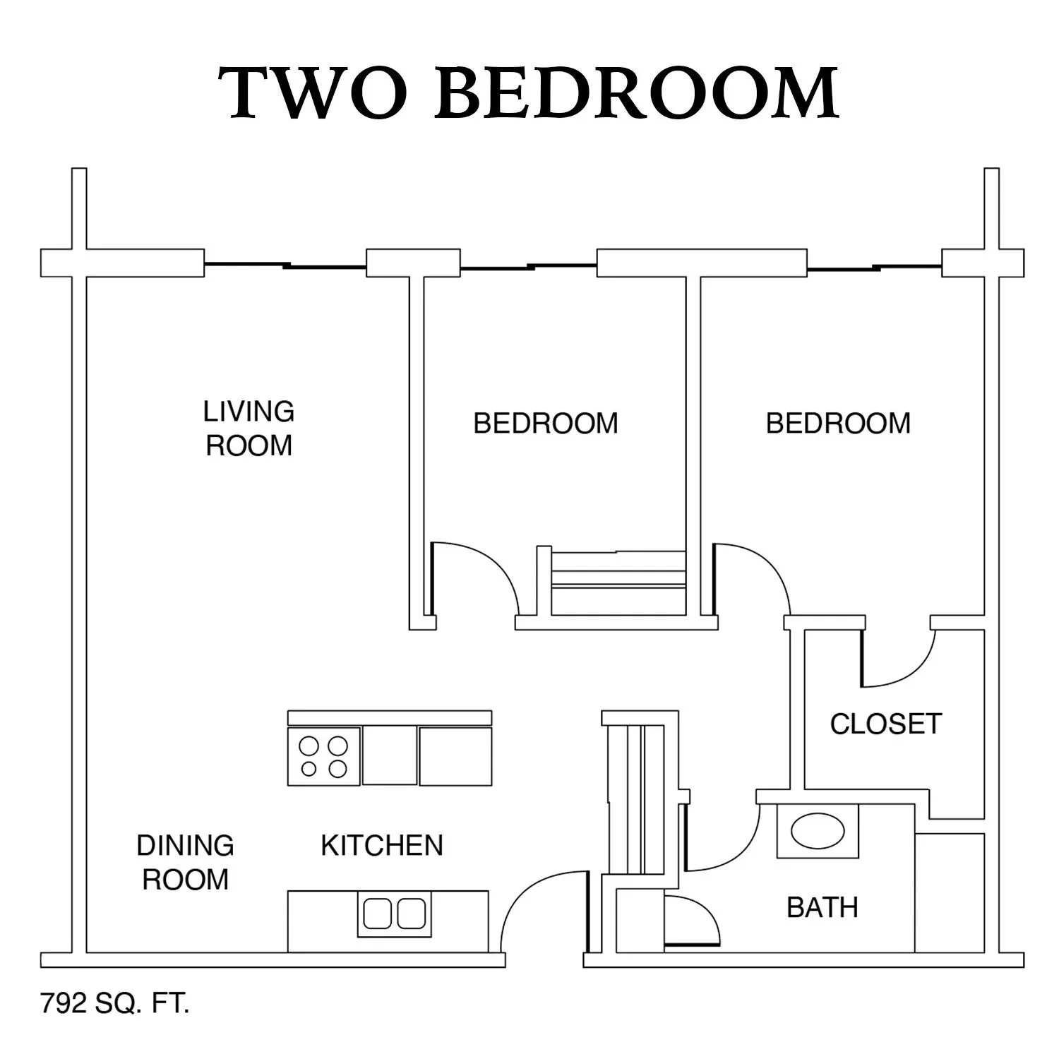 Two-bedroom apartment floor plan, 792 square feet, with living room, dining room, kitchen, two bedrooms, bathroom, and closet