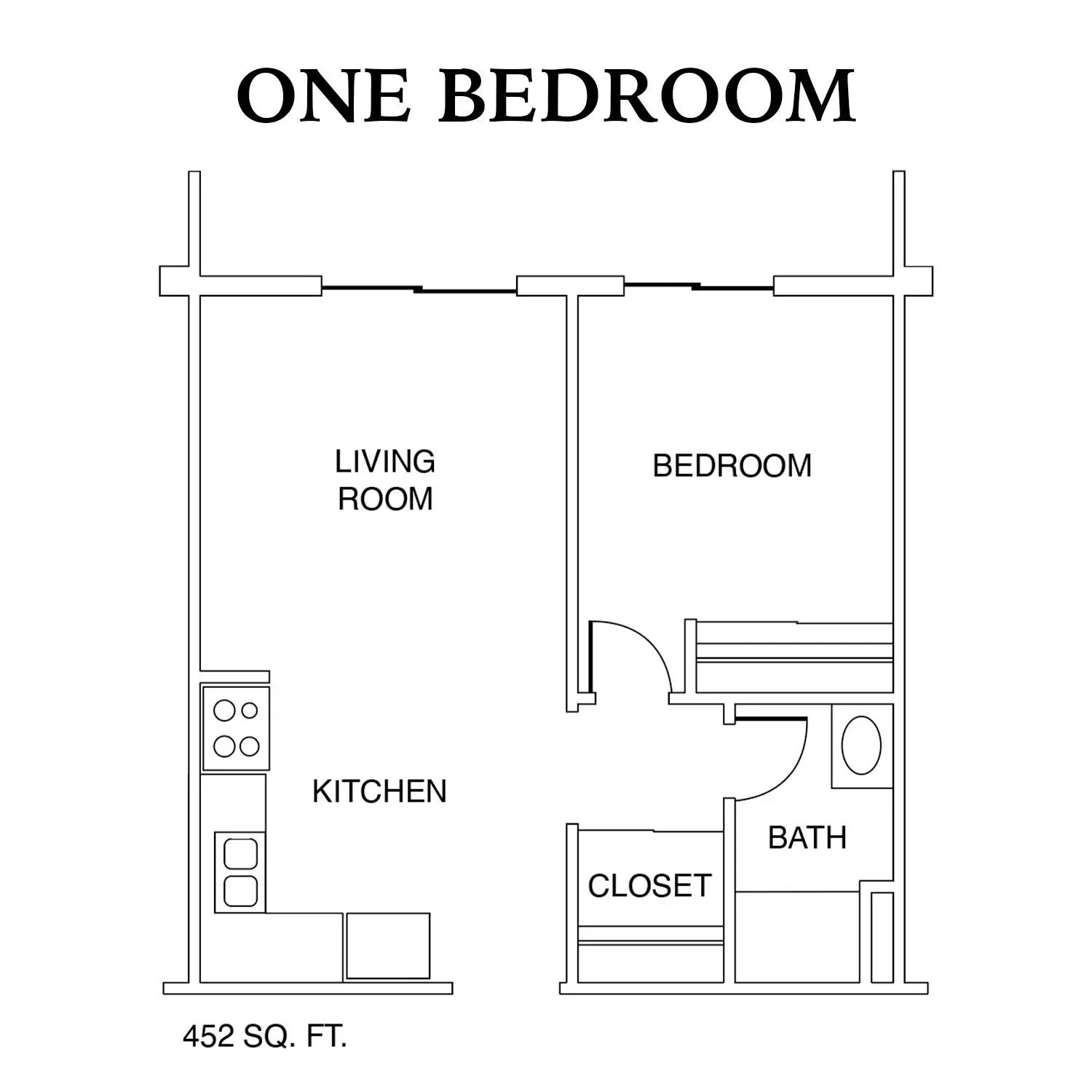 One-bedroom apartment floor plan, 452 square feet, with living room, kitchen, bedroom, bathroom, and closet