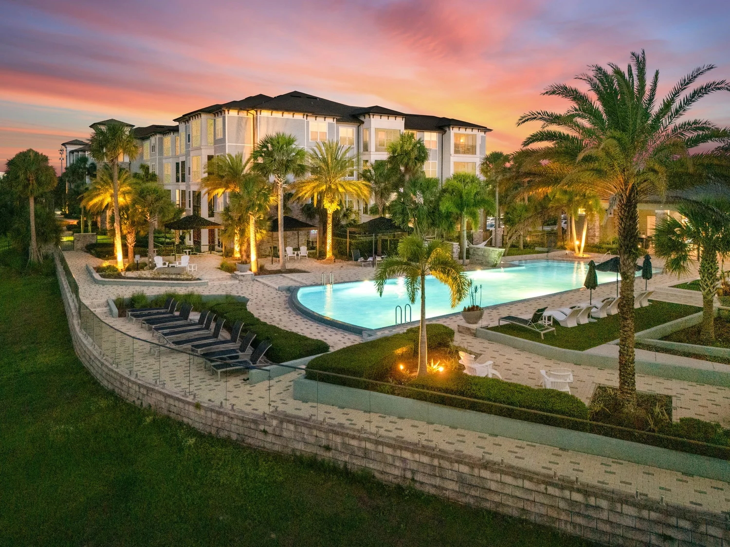 Bayfront community exterior at golden hour