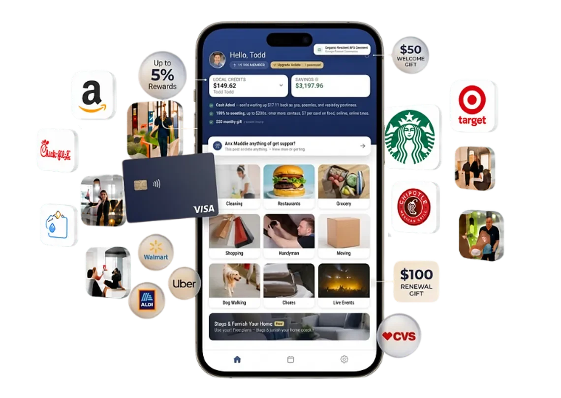 The Amenify app surrounded by gift, rewards and brand partners