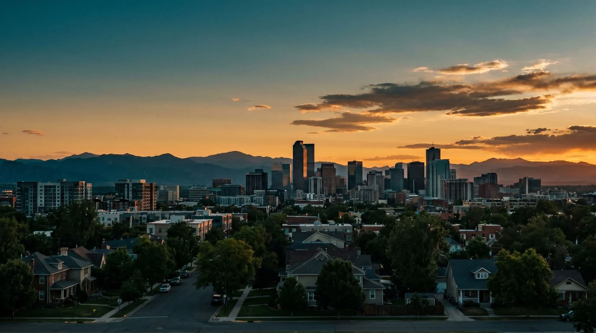 The Denver skyline and Rocky Mountains at dusk, seen over a quiet residential neighborhood