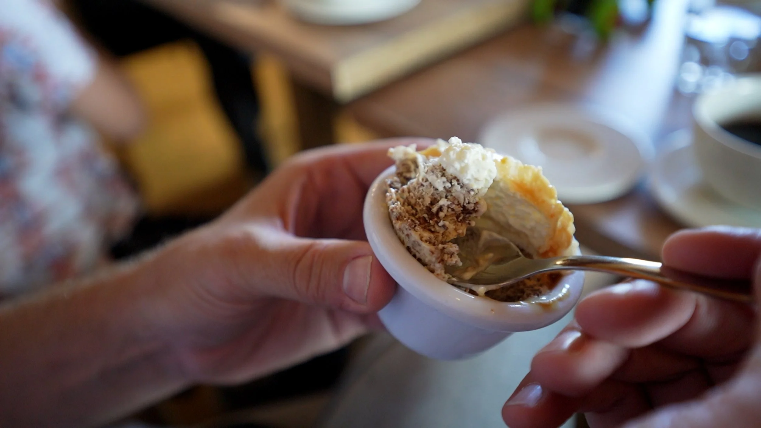 Close-up of Icelandic rye bread ice cream with toppings