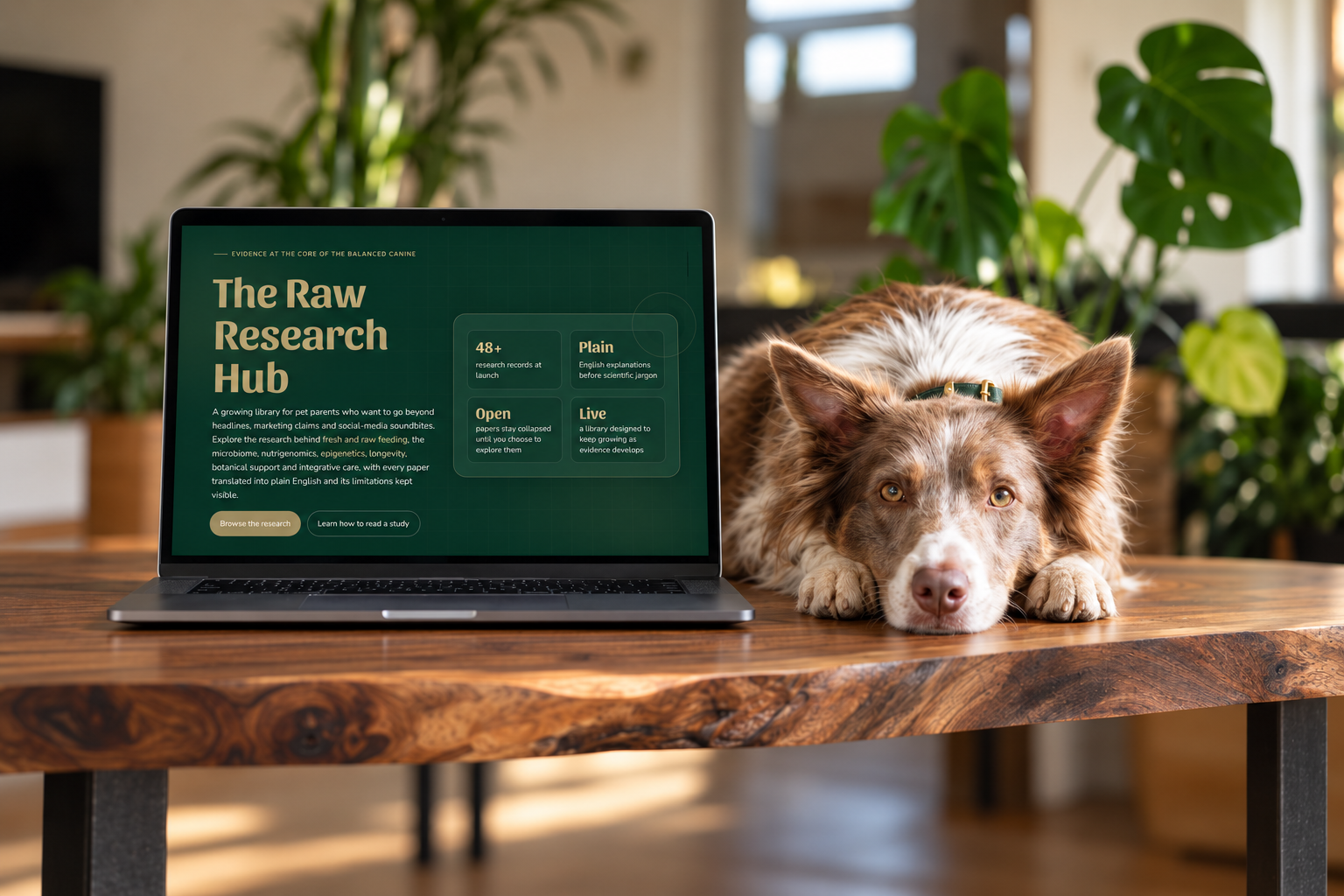 The Balanced Canine Research Hub shown on a laptop