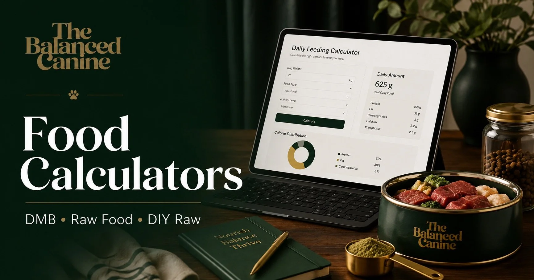 The Balanced Canine food calculators shown on a laptop beside a fresh dog food bowl