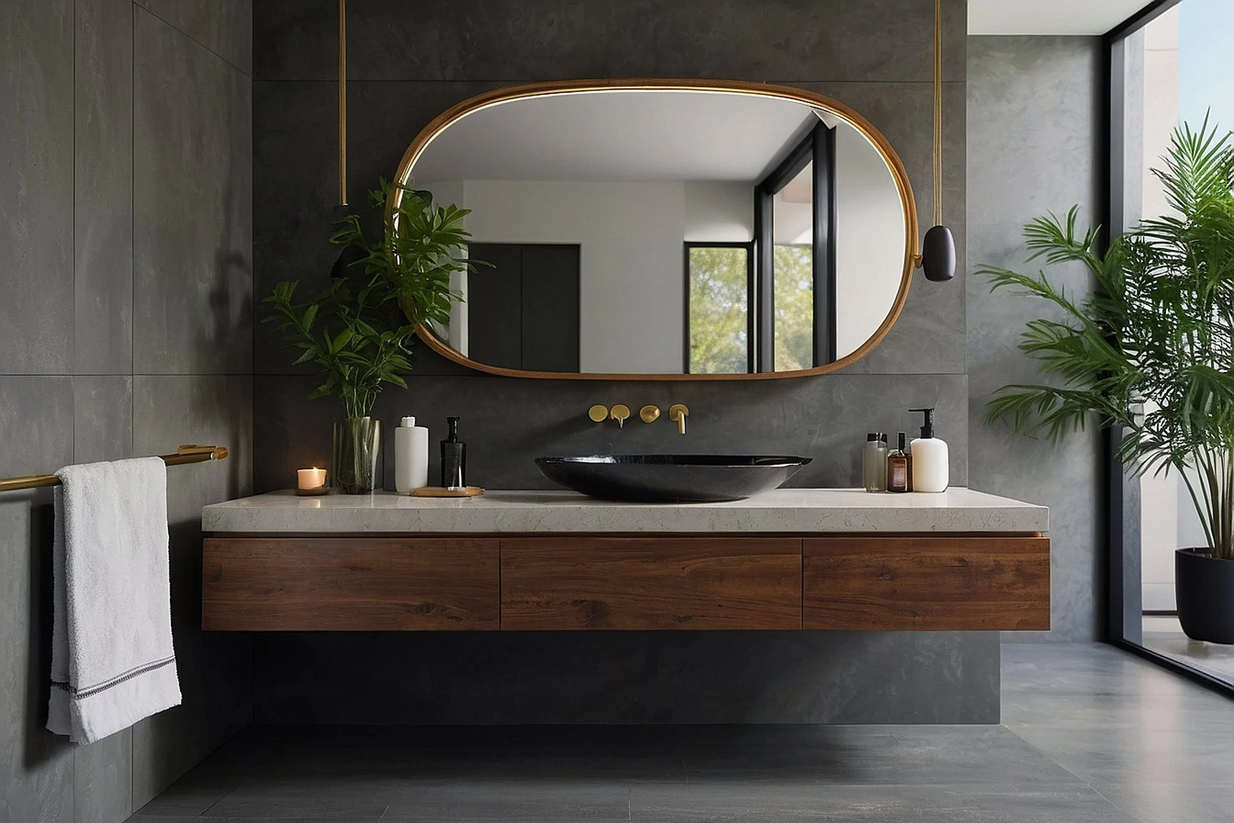 Bathroom vanity detail with mirror and natural light
