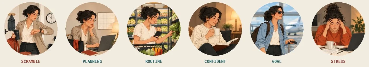 Six illustrated scenes of one woman across a week: rushing out the door, planning at a laptop, checking her phone in a grocery aisle, reading with tea, heading out on a trip, and holding her head over bills