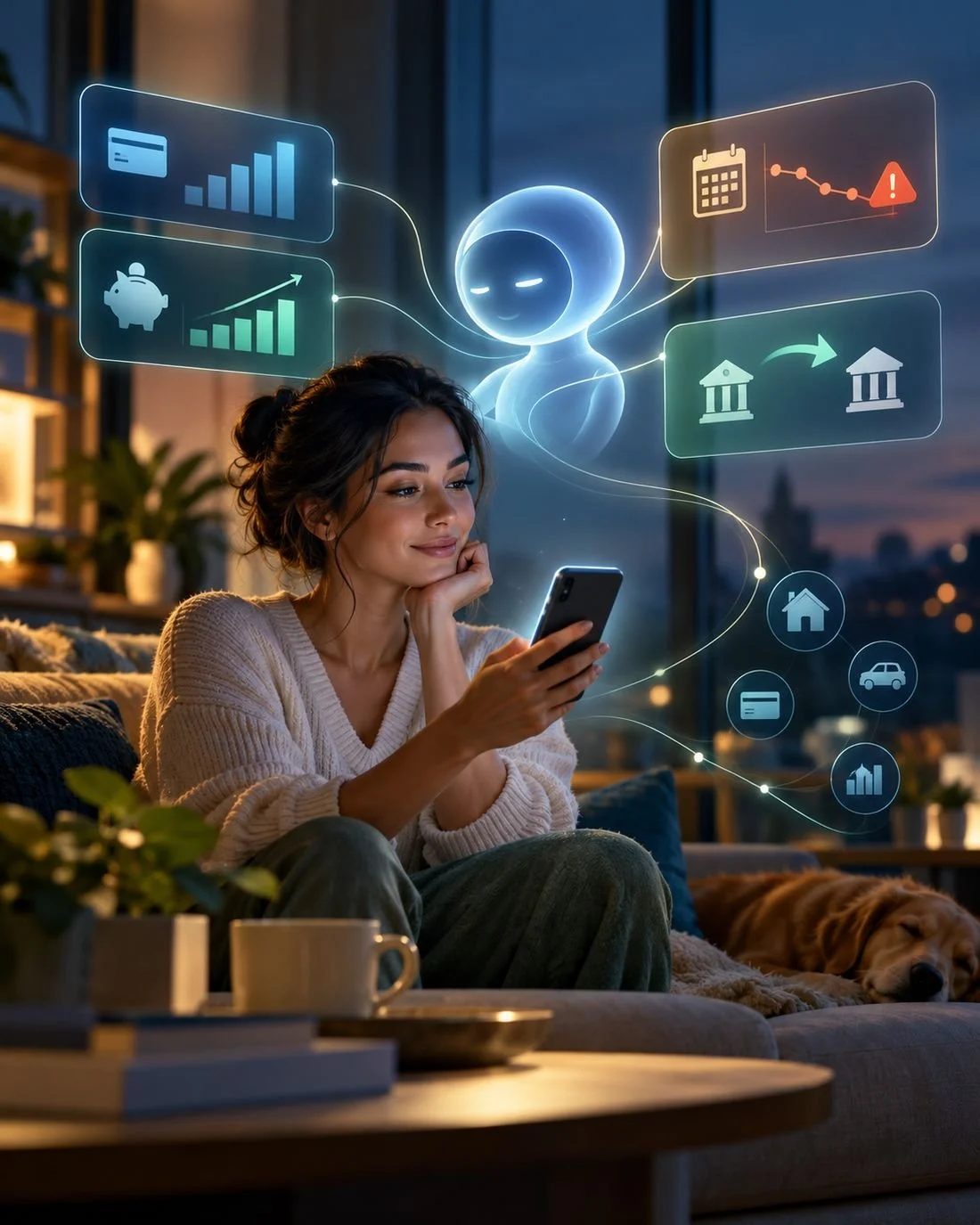 A woman on her couch at night checks her phone while a personal assistant links her cards, savings, bills and bank accounts, flagging a balance warning and a transfer between banks