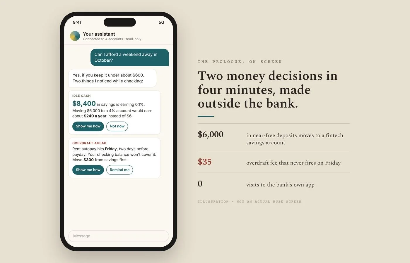 Illustrated phone screen of a personal assistant flagging $8,400 of idle savings earning 0.1% and an overdraft ahead on Friday's rent autopay