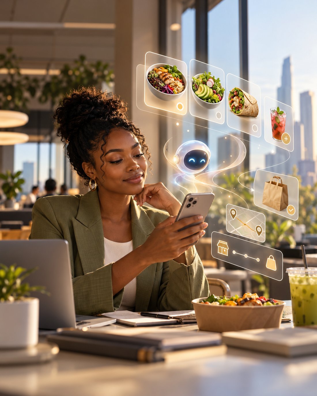 A woman at a sunlit office cafe table smiles at her phone while a personal assistant floats lunch options around her (a grain bowl, a salad, a wrap, a drink) and tracks pickup and delivery to her table