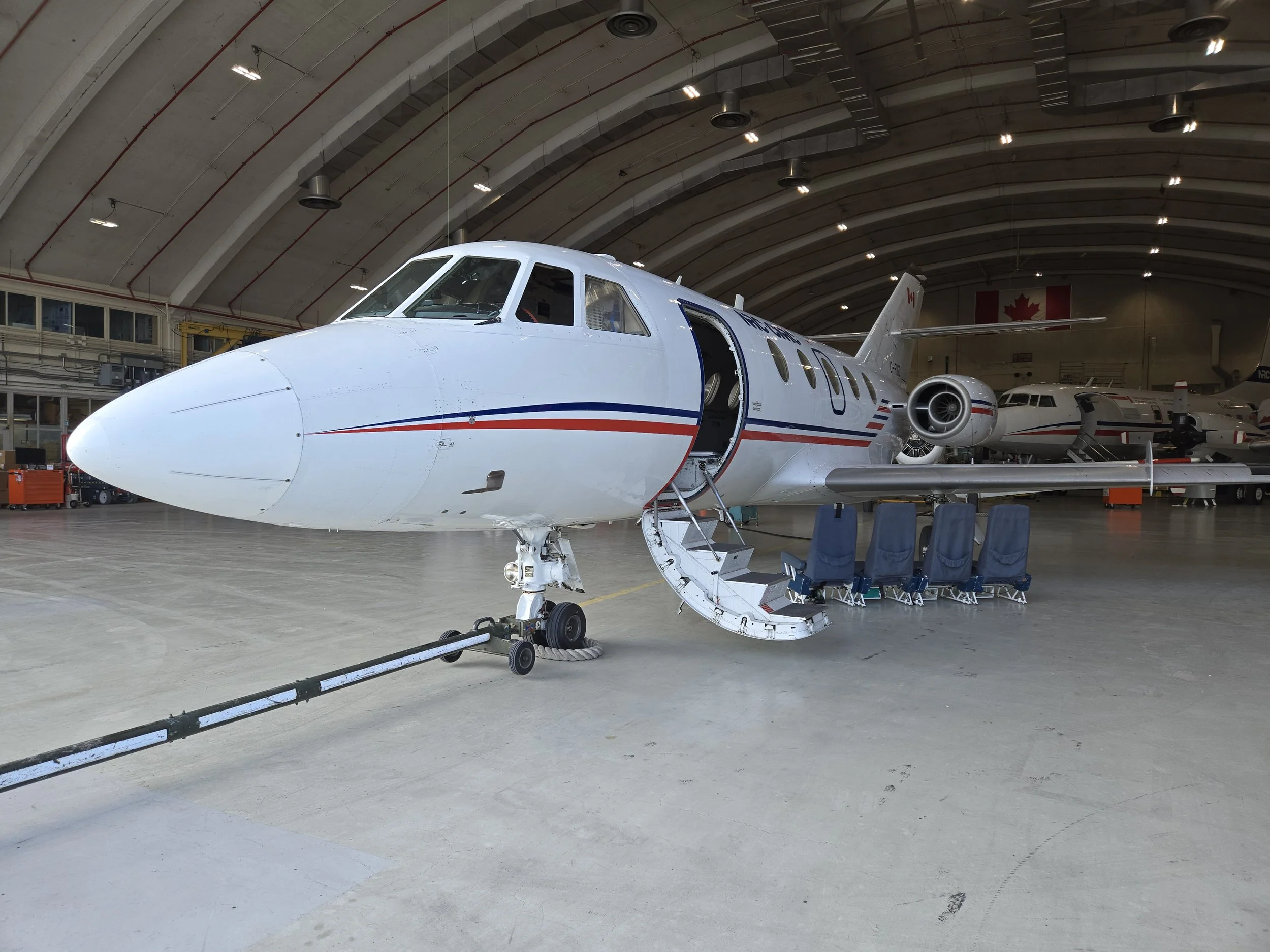 The research aircraft inside the hangar before the flight campaign