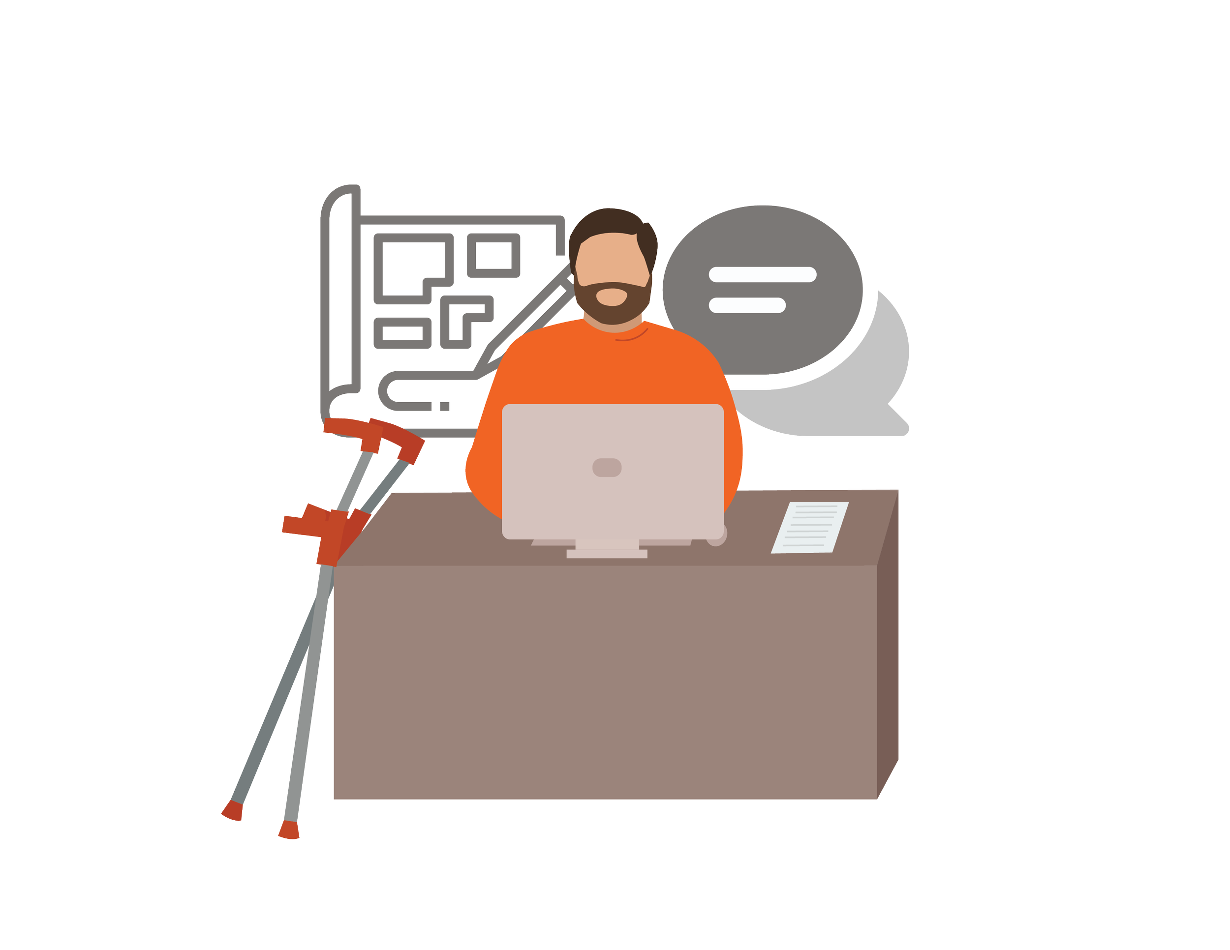 Bearded man working at a desk with his crutches leaning against the desk