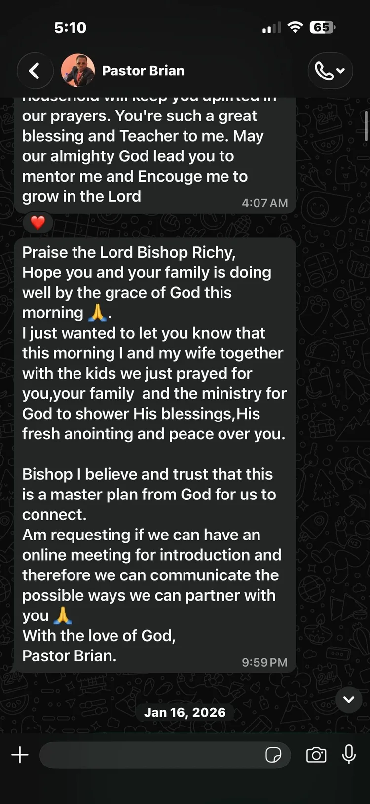 First WhatsApp messages with Pastor Brian, screenshot two