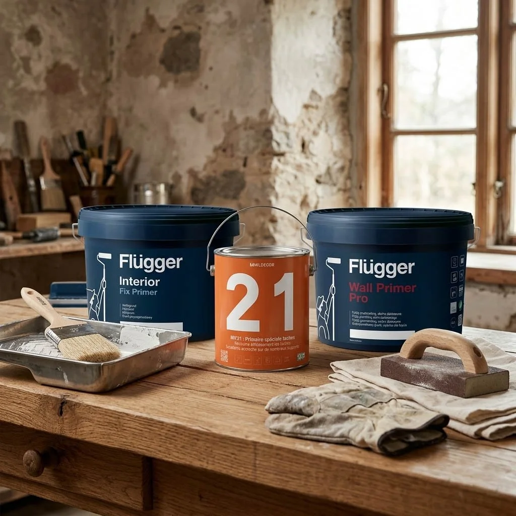 Flügger Fix Primer, MIL'21 primaire isolant taches et Wall Primer Pro sur établi en bois, avec brosse, cale à poncer et bac métallique