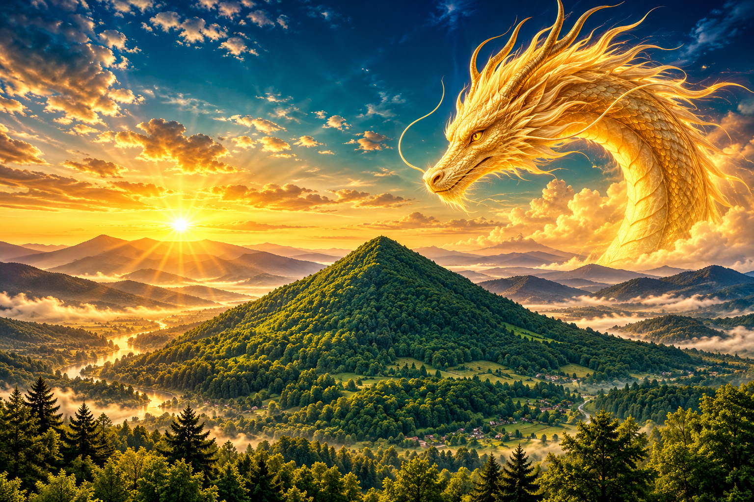 Golden dragon above a green pyramid-shaped Bosnian hill