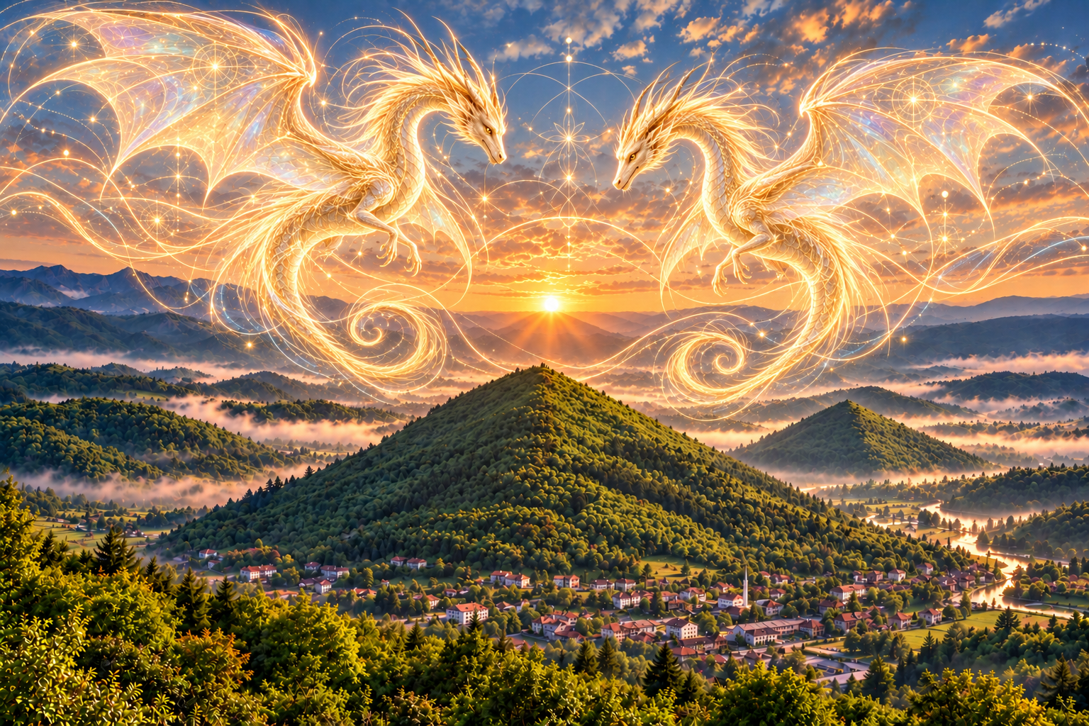 Ethereal Golden Dragons of Sophia with frequency patterns and light codes above the Bosnian pyramids