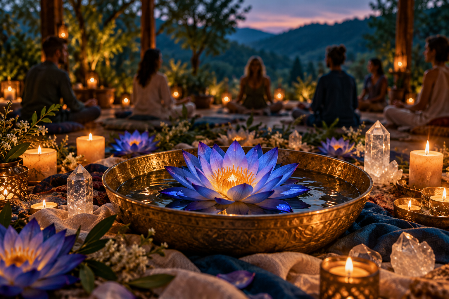 Blue Lotus ceremony illustration with candlelight and a meditation circle