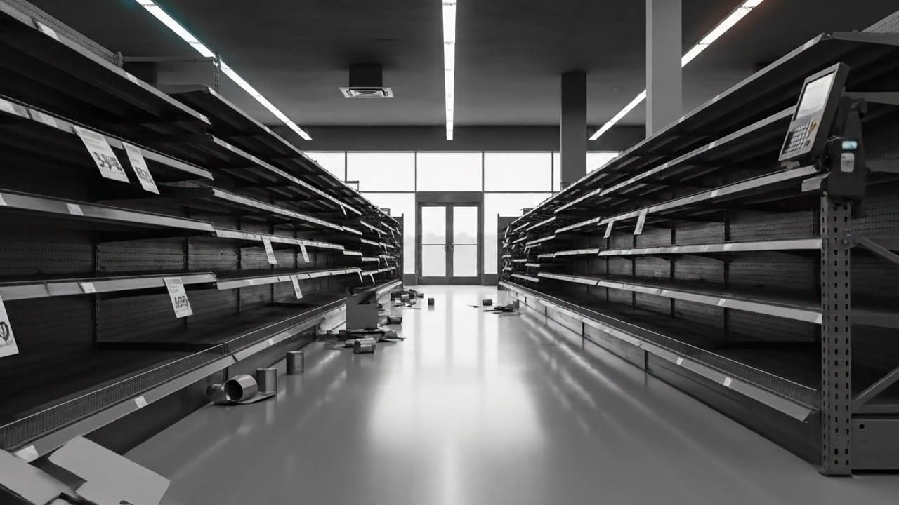 Supermarket aisle with shelves stripped bare