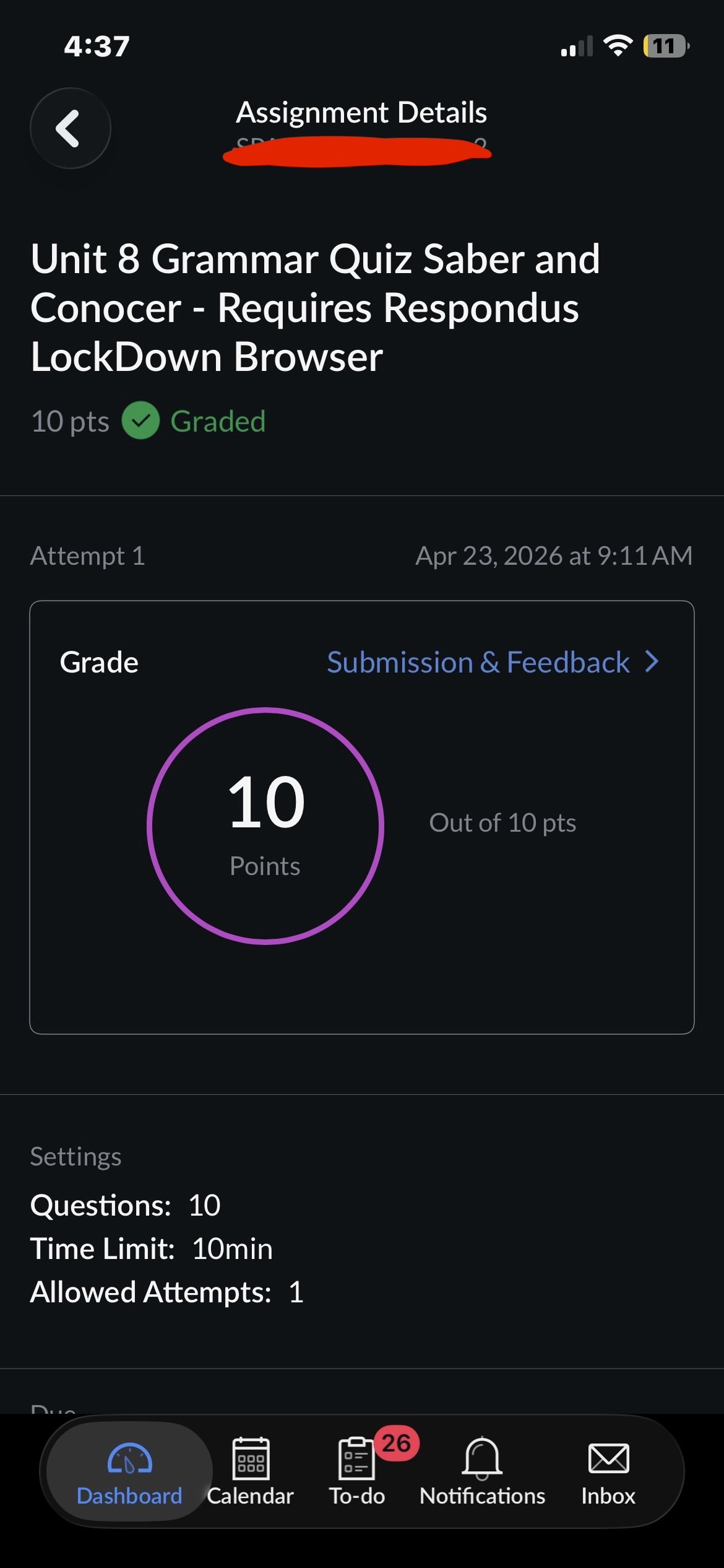 10/10 on Spanish Grammar Quiz
