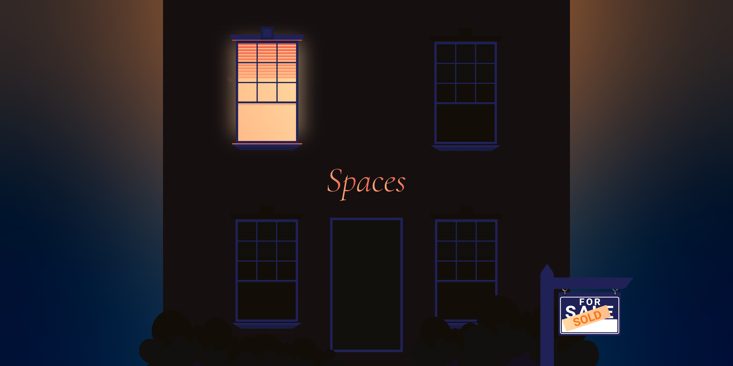 A single light on in a house with a "sold" sign out front