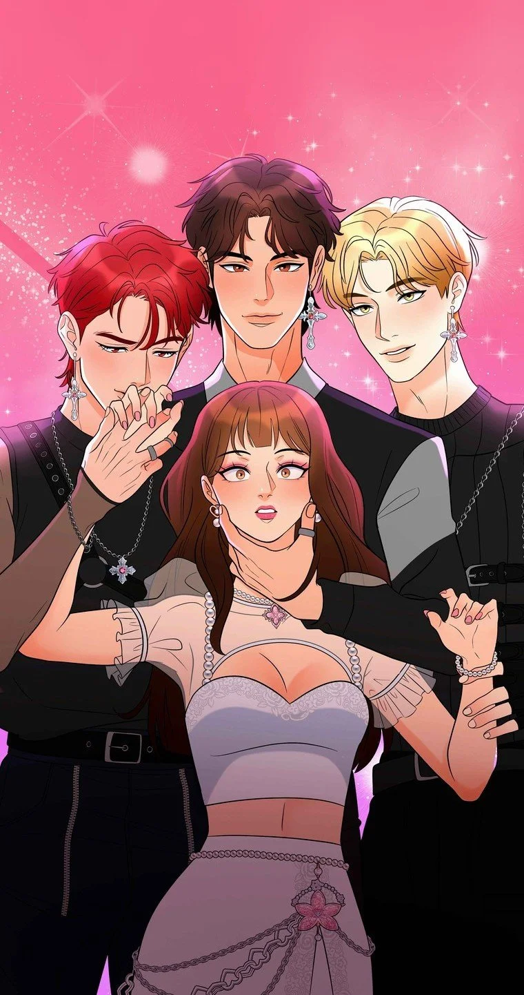 The four leads of The Love Clause on a sparkling pink stage