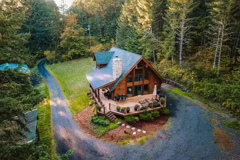 Aerial view of the cabin and grounds at Fernlove, surrounded by forest