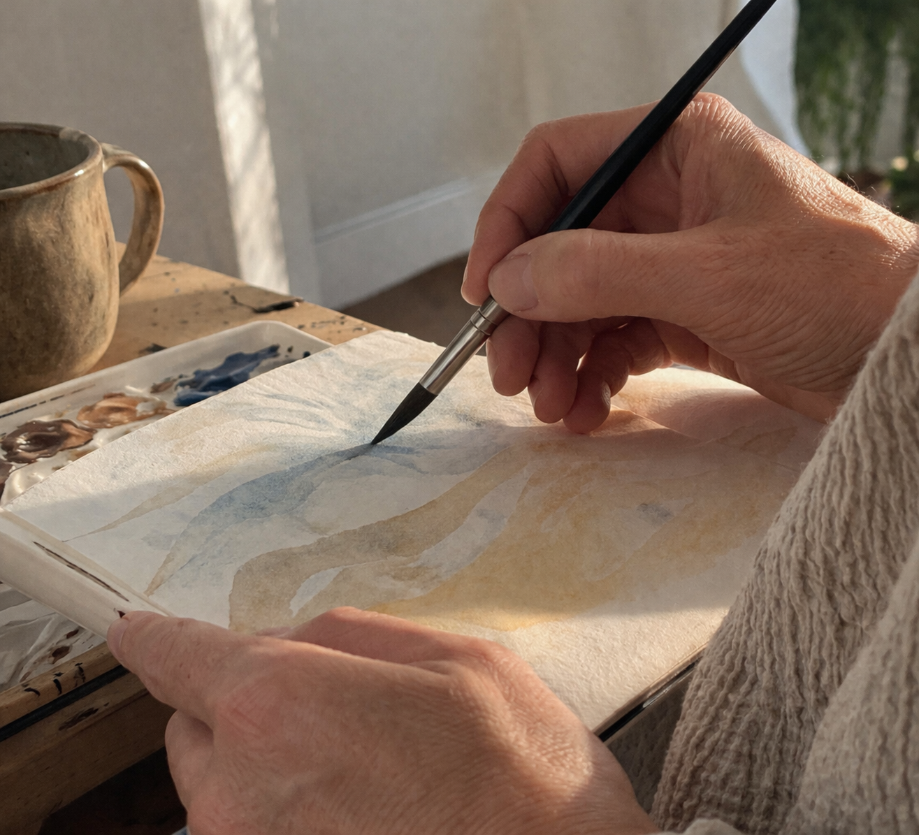 A close-up of hands painting with watercolour in a calm therapeutic art session, warm natural light