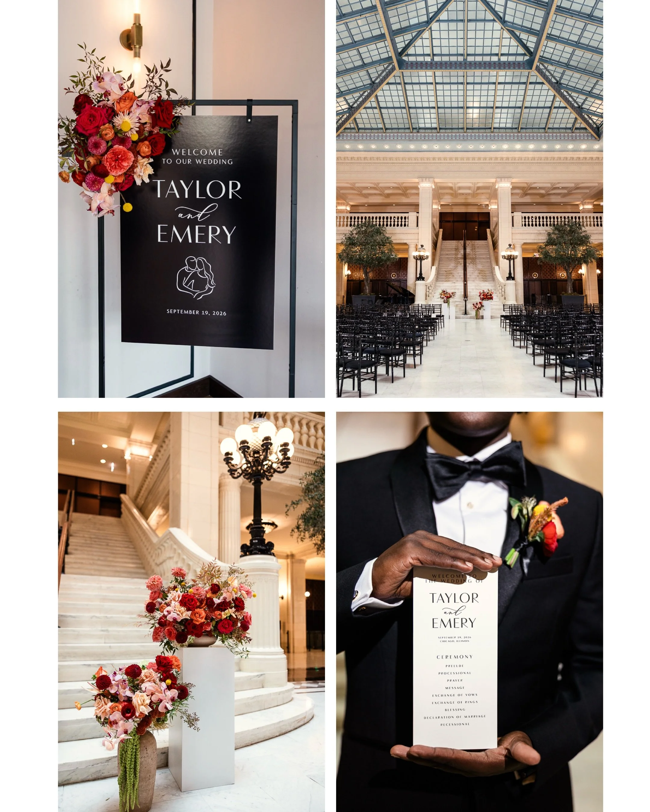 Four photographs of Taylor and Emery’s welcome flowers, ceremony arrangements and boutonniere