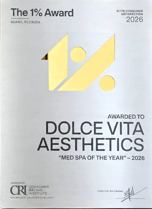 Med Spa of the Year 2026, The 1% Award by the Consumer Rating Institute, awarded to Dolce Vita Aesthetics, Miami FL
