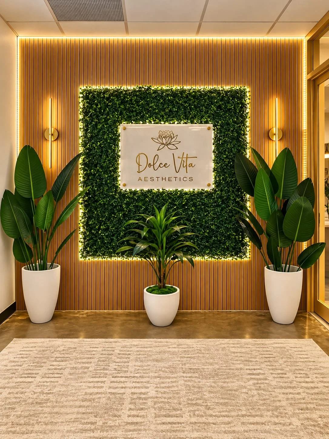 Dolce Vita Aesthetics studio in Miami, with the gold lotus logo sign on a backlit greenery wall