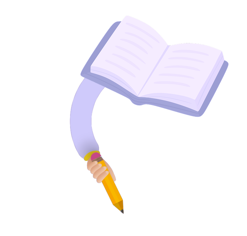 Open book with hand holding pencil