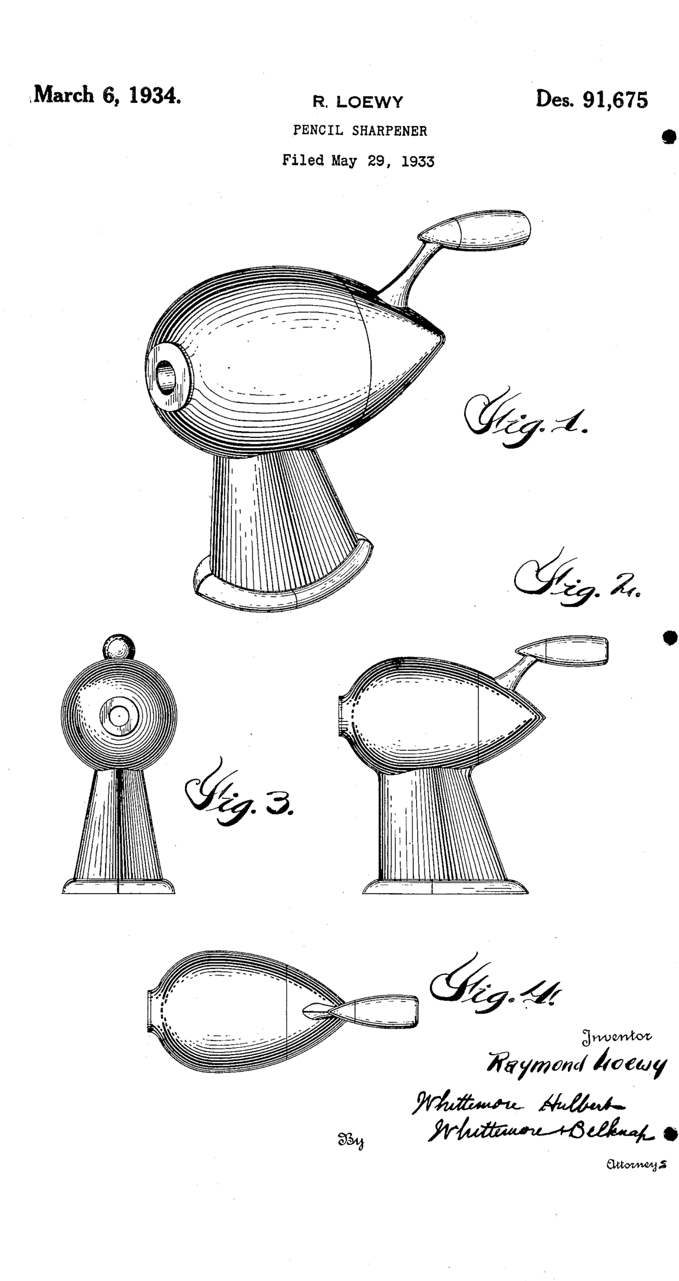 The full drawing sheet of US Des. 91,675, Raymond Loewy, Pencil Sharpener, 1934