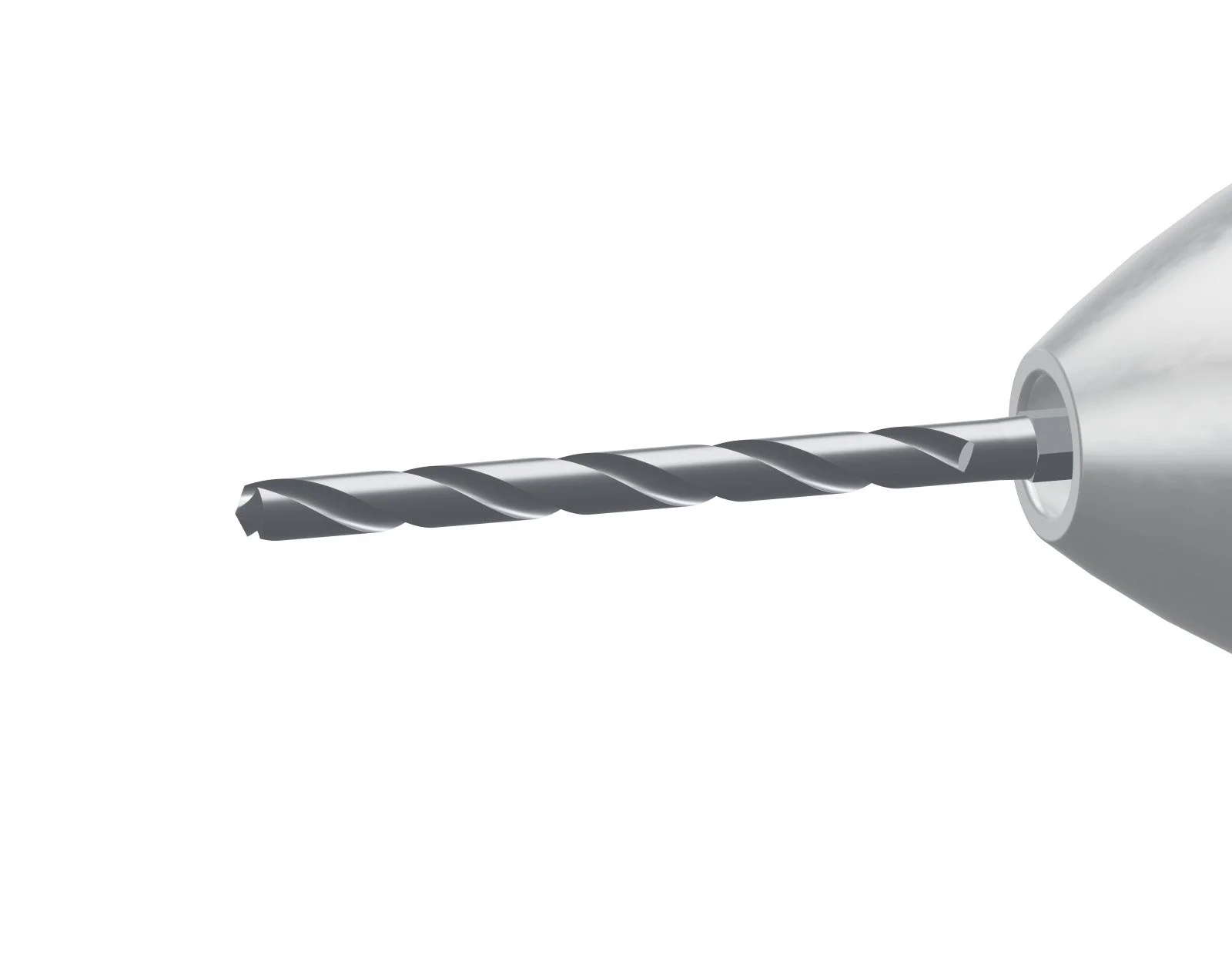 The 6 mm twist drill in the chuck: two helical flutes, a 118 degree point and a 1/4 inch hex shank
