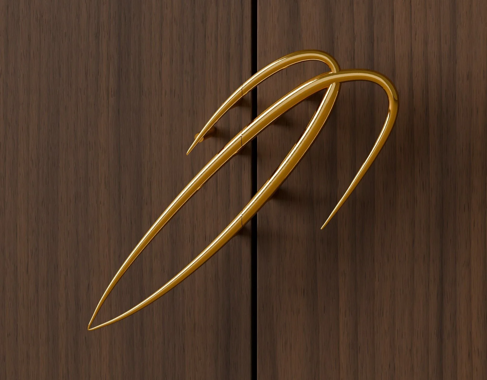 Motif door pulls on walnut doors, closed: the two halves form one mark