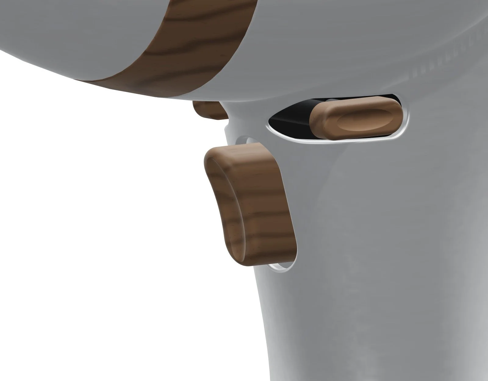 Close-up of the curved walnut trigger and the direction button, each with a shallow oval finger dish