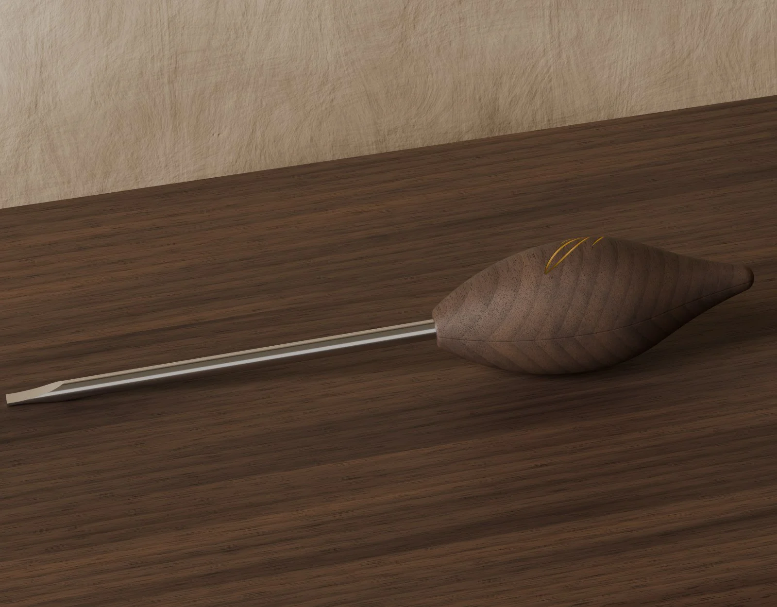 The cabinetmaker's Flutter screwdriver lying logo up on a walnut case, resting on its handle and the round of its blade