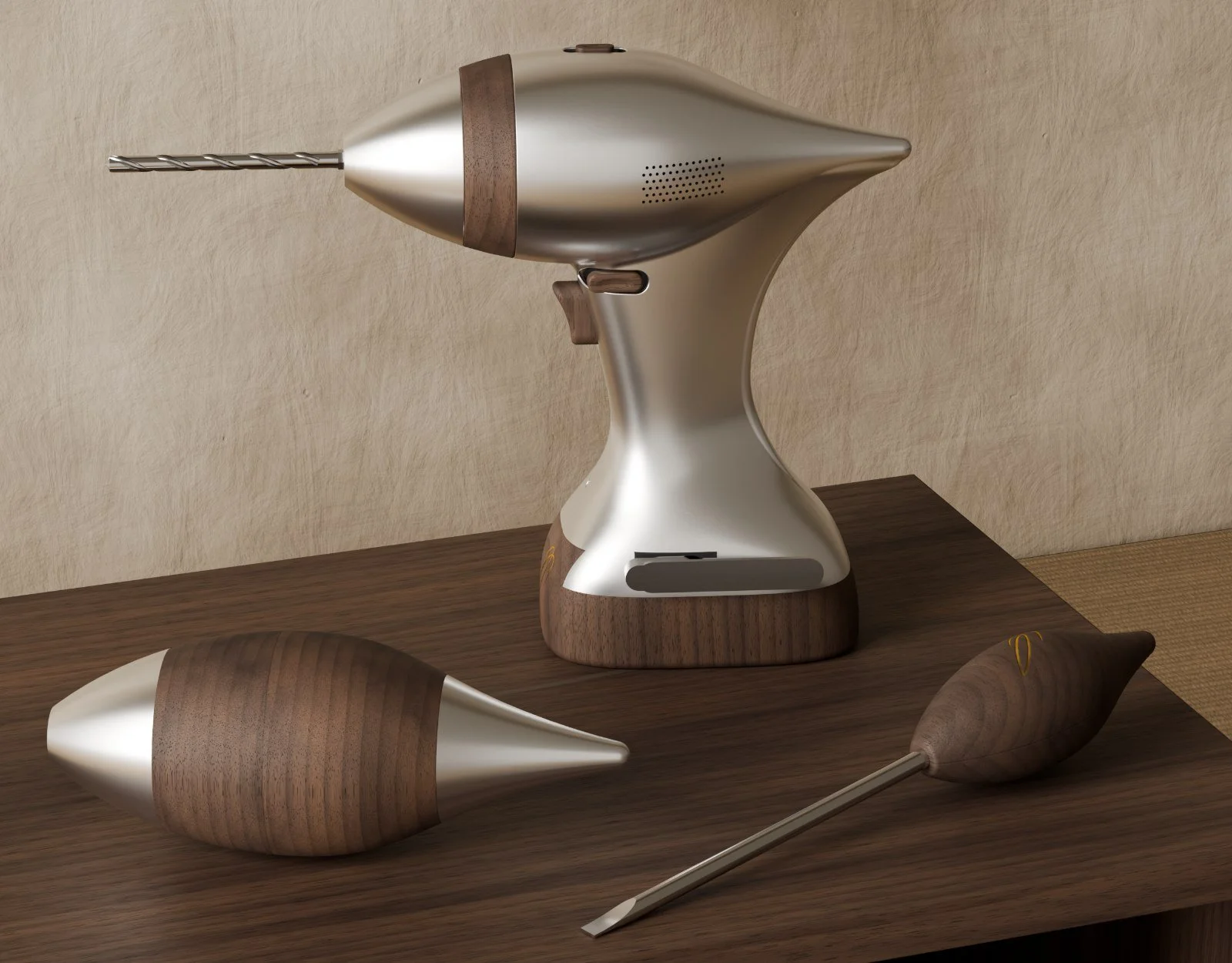 The Flutter drill standing on its walnut foot on top of a walnut case, with the Flutter screwdriver and the one-piece cabinetmaker's screwdriver lying in front of it, a limewashed wall behind