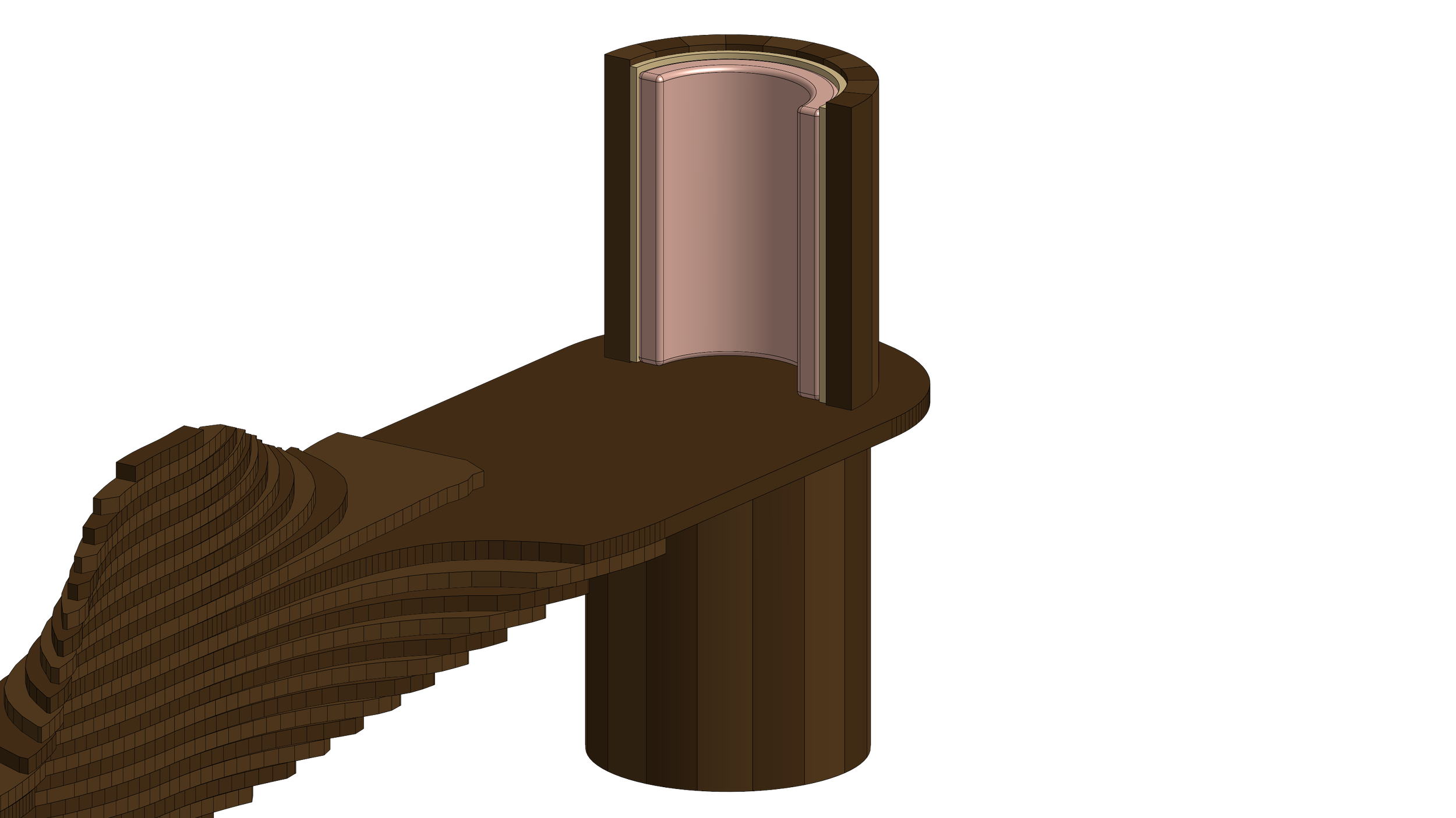 The pink end in CAD: the staved half-drum back lined with its plywood panel and bouclé cushion, the seat, and the staved post below