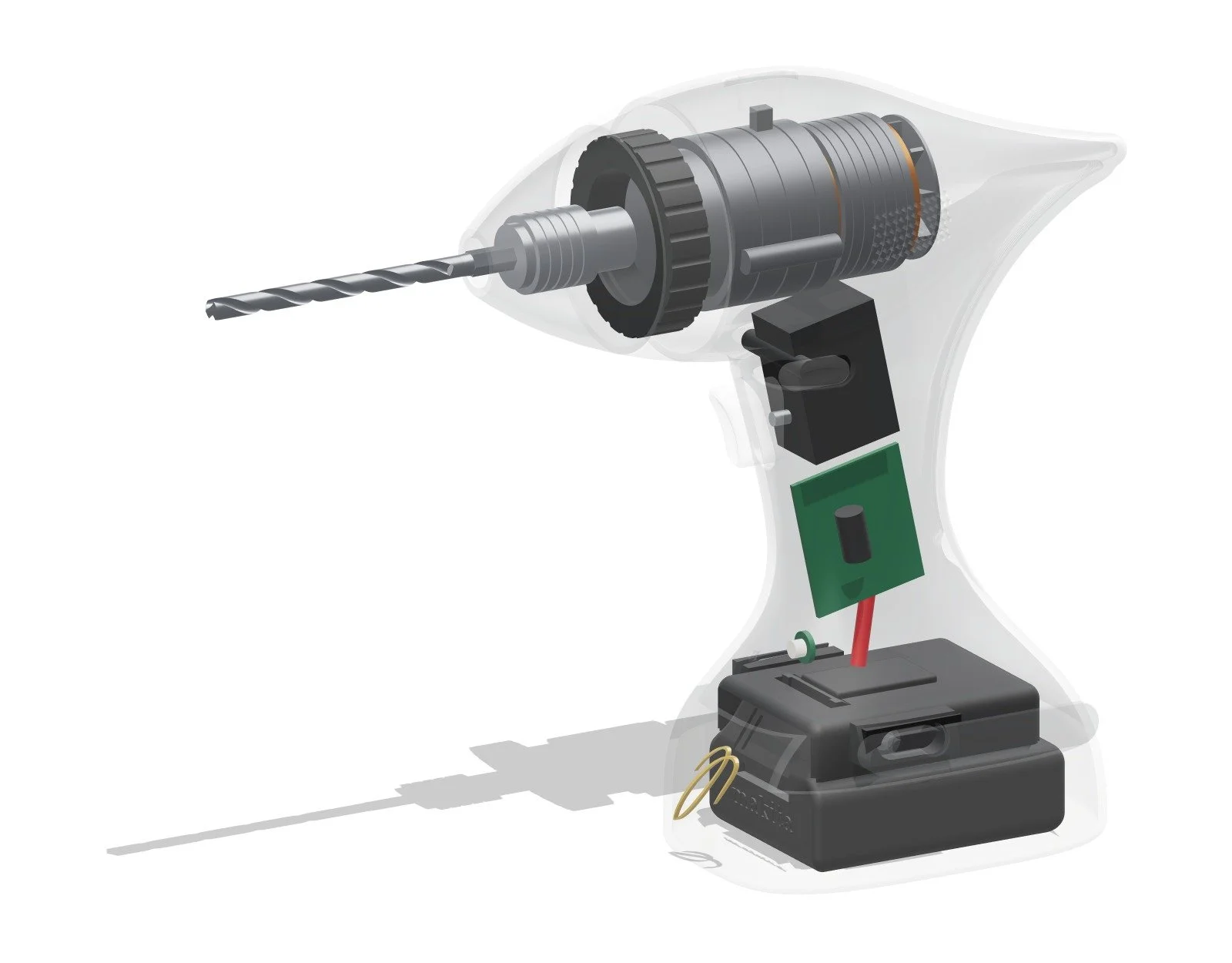 The drill with the shell made transparent, showing the Makita chuck, clutch ring, gearbox, motor, switch, controller and the battery in its walnut shoe
