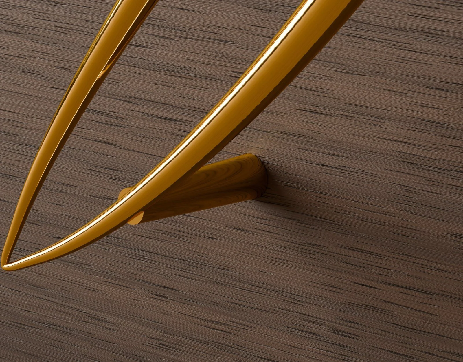 Close-up from the side: a post meets the walnut with nothing around it, no screw and no foot