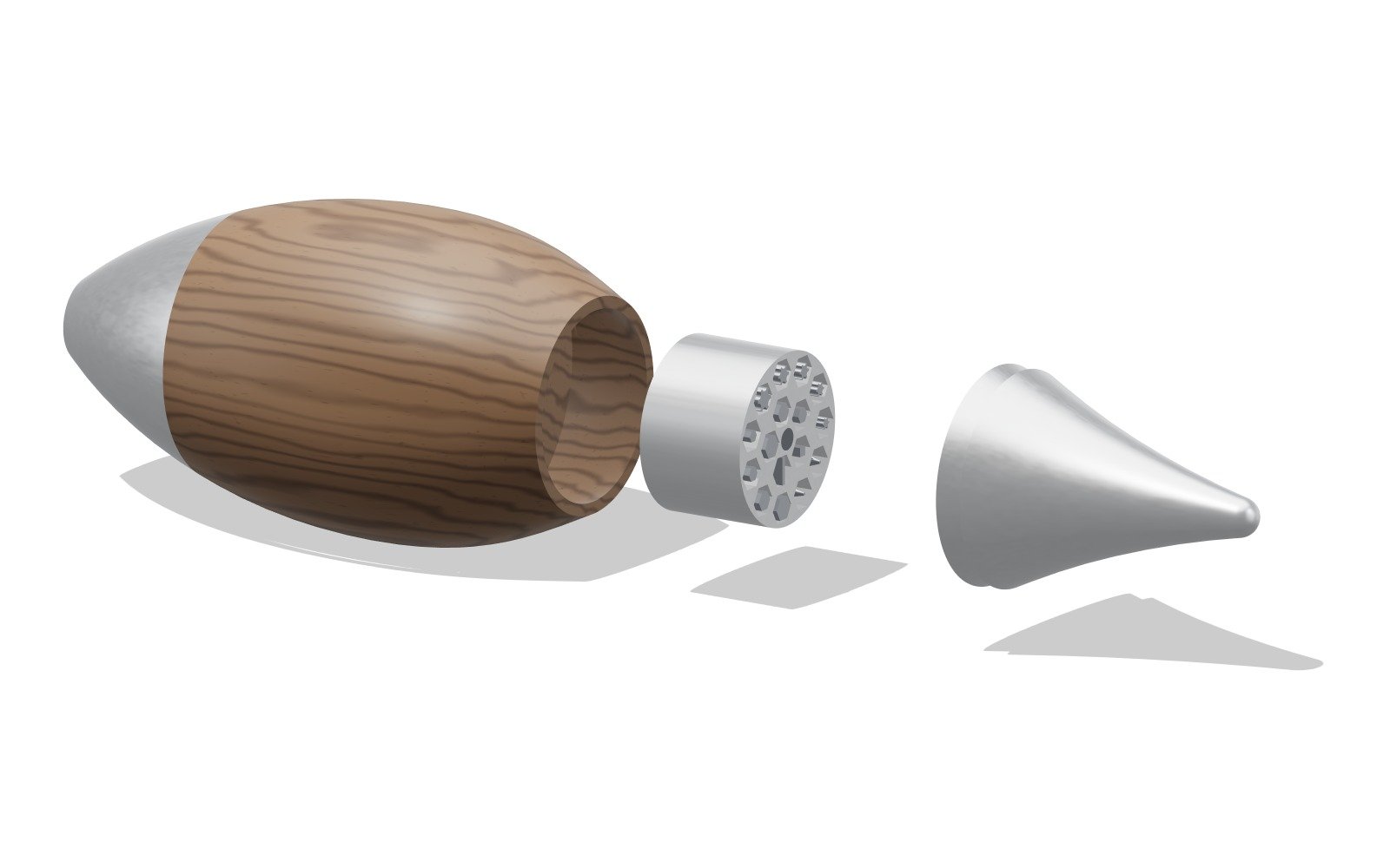 The screwdriver taken apart: the walnut waist, the bit cartridge and the tail, with its spigot