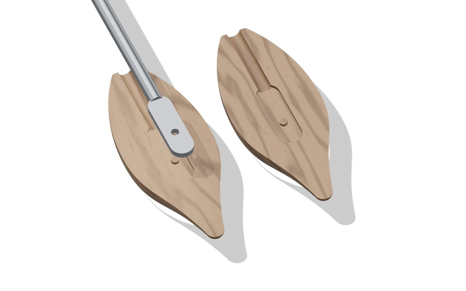 The two bookmatched walnut halves laid open, each with half the routed channel, and the blade with its flat tang above them